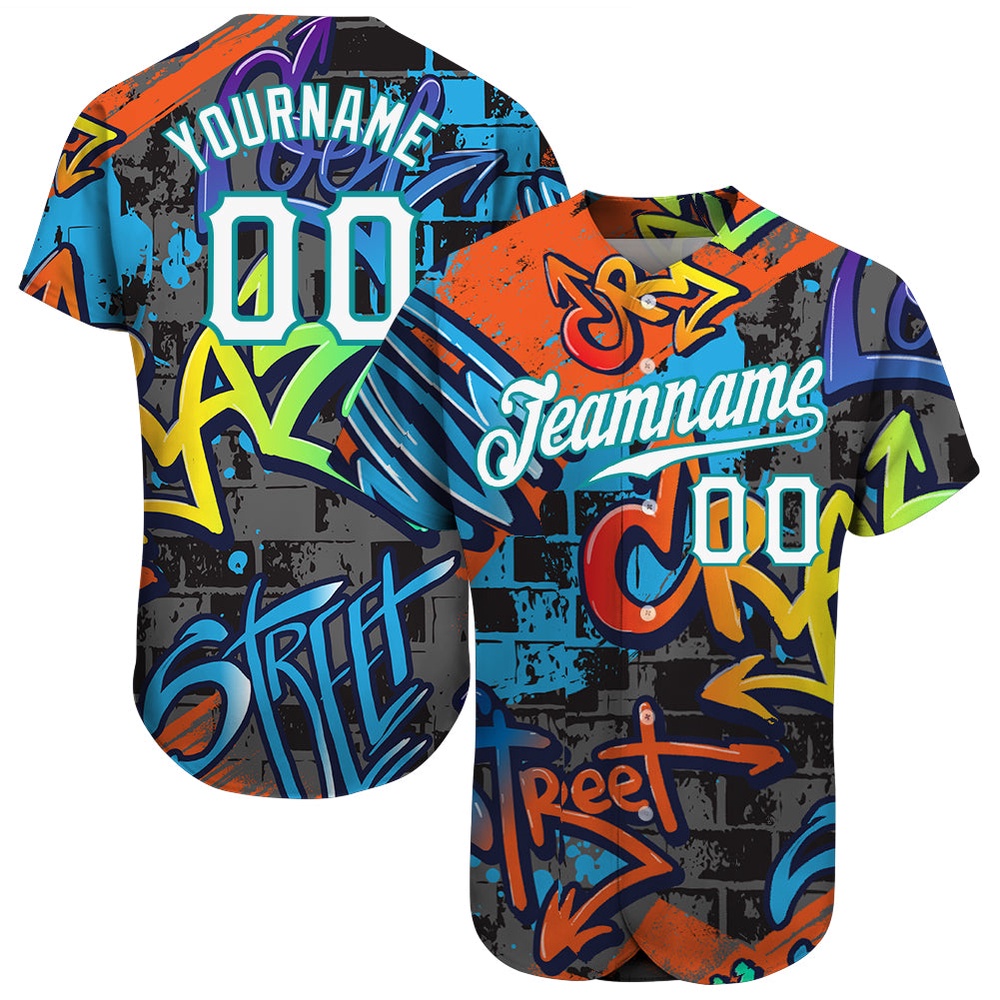 Graffiti Geometric Pattern White-Teal 3D Authentic Baseball Jersey, Custom Baseball Jersey, Personalized Sport Jersey Graffiti Geometric Pattern White-Teal 3D Authentic Baseball Jersey, Custom Baseball Jersey, Personalized Sport Jersey