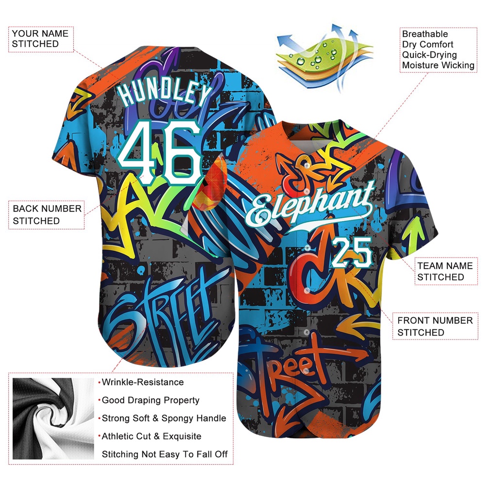 Graffiti Geometric Pattern White-Teal 3D Authentic Baseball Jersey, Custom Baseball Jersey, Personalized Sport Jersey Graffiti Geometric Pattern White-Teal 3D Authentic Baseball Jersey, Custom Baseball Jersey, Personalized Sport Jersey