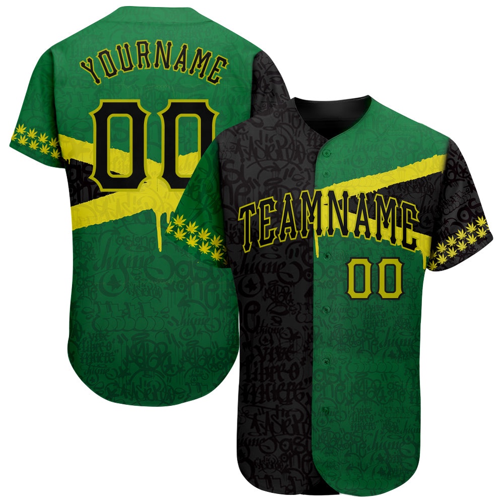 Graffiti Pattern Black-Green 3D Jamaica Authentic Baseball Jersey, Custom Baseball Jersey, Personalized Sport Jersey Graffiti Pattern Black-Green 3D Jamaica Authentic Baseball Jersey, Custom Baseball Jersey, Personalized Sport Jersey