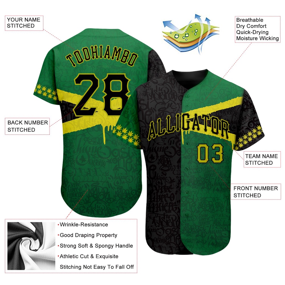Graffiti Pattern Black-Green 3D Jamaica Authentic Baseball Jersey, Custom Baseball Jersey, Personalized Sport Jersey Graffiti Pattern Black-Green 3D Jamaica Authentic Baseball Jersey, Custom Baseball Jersey, Personalized Sport Jersey