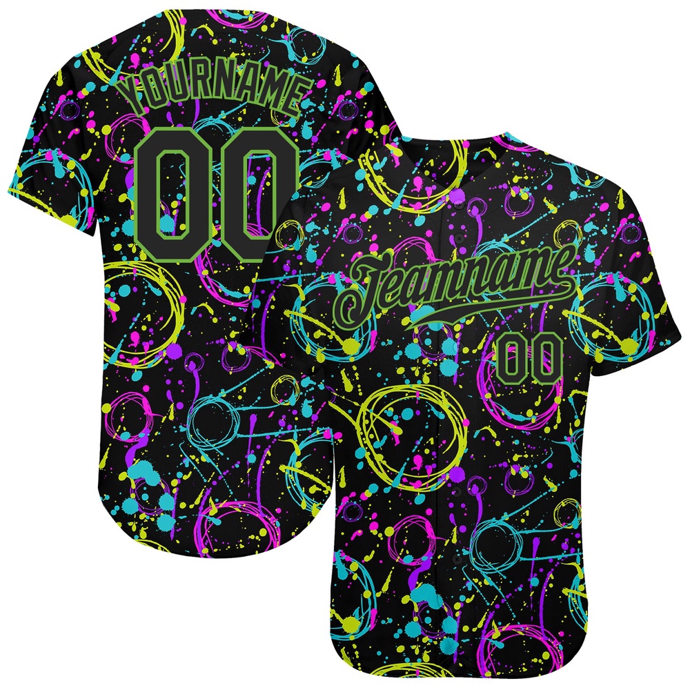 Graffiti Pattern Black-Neon Green 3D Neon Splatter Authentic Baseball Jersey, Custom Baseball Jersey, Personalized Sport Jersey Graffiti Pattern Black-Neon Green 3D Neon Splatter Authentic Baseball Jersey, Custom Baseball Jersey, Personalized Sport Jersey