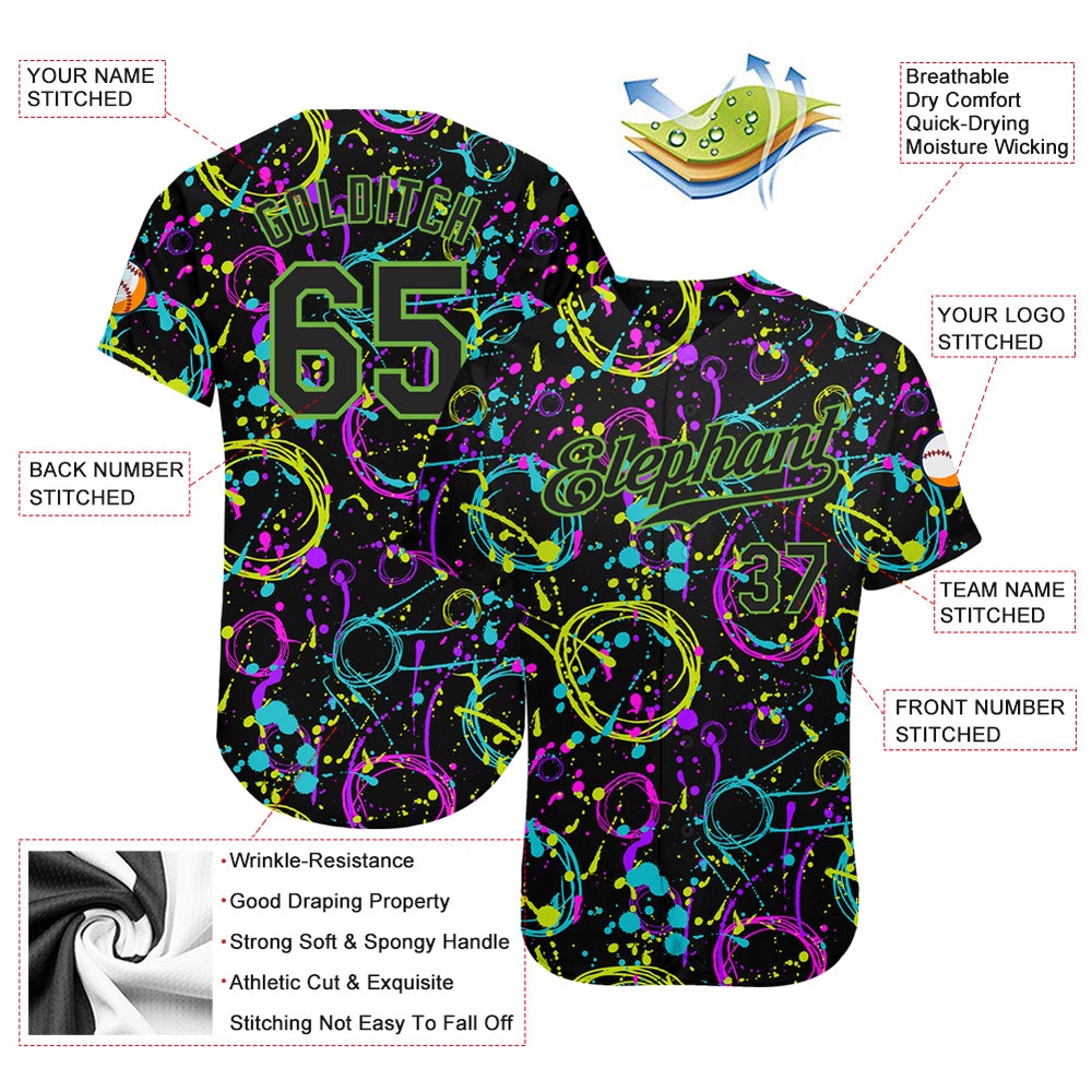 Graffiti Pattern Black-Neon Green 3D Neon Splatter Authentic Baseball Jersey, Custom Baseball Jersey, Personalized Sport Jersey Graffiti Pattern Black-Neon Green 3D Neon Splatter Authentic Baseball Jersey, Custom Baseball Jersey, Personalized Sport Jersey