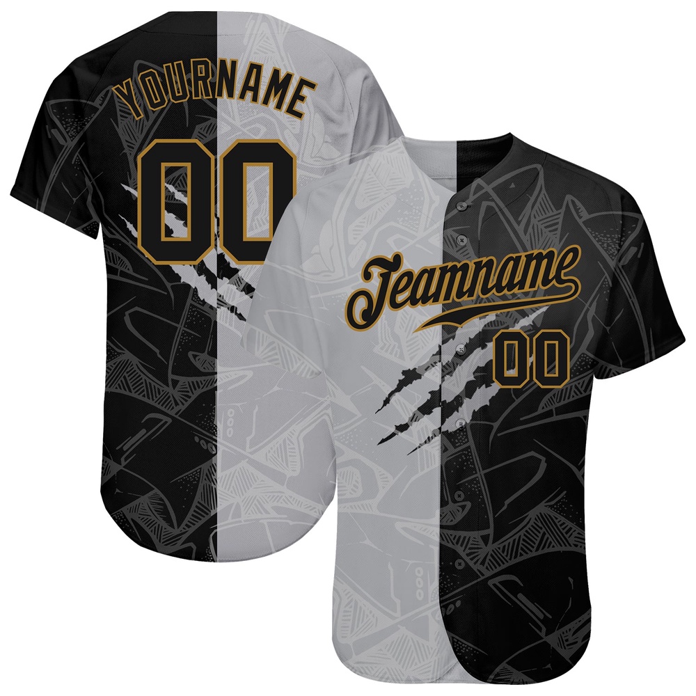 Graffiti Pattern Black-Old Gold 3D Authentic Baseball Jersey, Custom Baseball Jersey, Personalized Sport Jersey Graffiti Pattern Black-Old Gold 3D Authentic Baseball Jersey, Custom Baseball Jersey, Personalized Sport Jersey