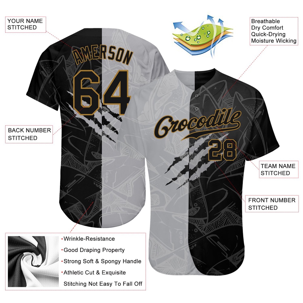 Graffiti Pattern Black-Old Gold 3D Authentic Baseball Jersey, Custom Baseball Jersey, Personalized Sport Jersey Graffiti Pattern Black-Old Gold 3D Authentic Baseball Jersey, Custom Baseball Jersey, Personalized Sport Jersey