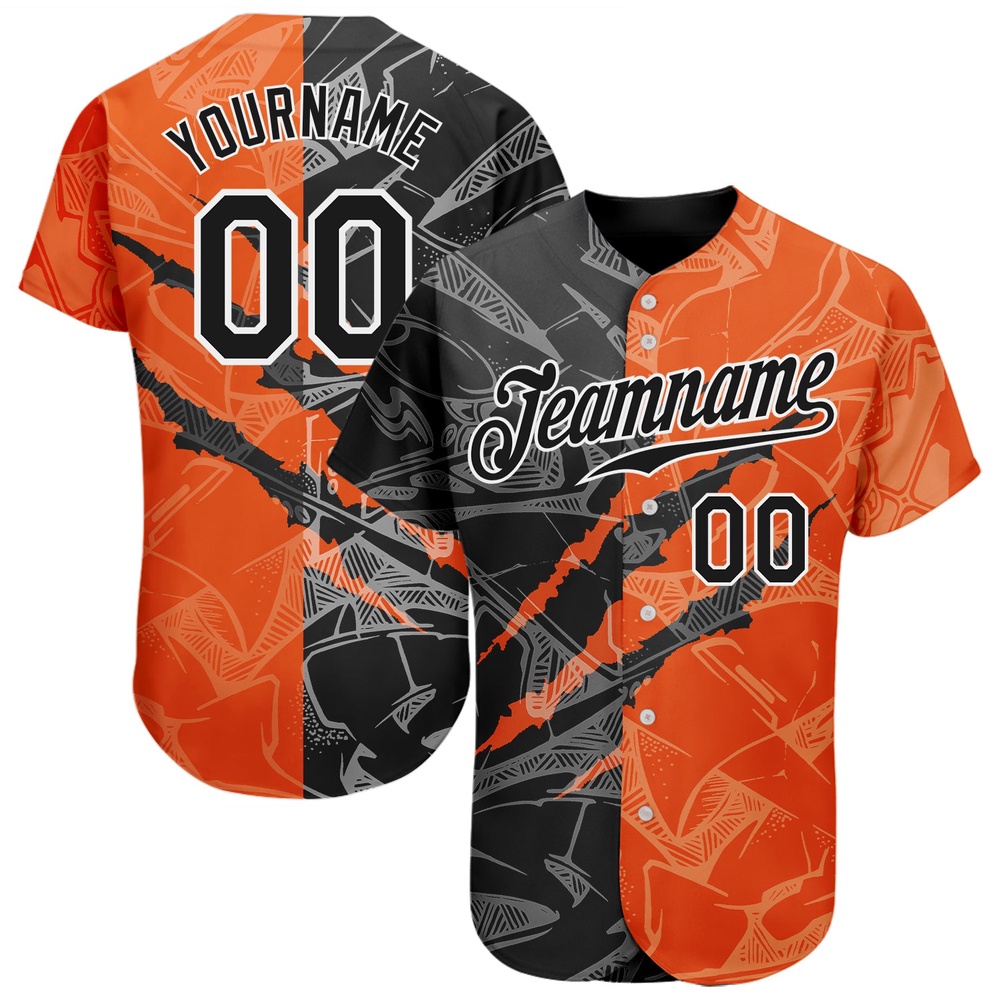 Graffiti Pattern Black-Orange 3D Scratch Authentic Baseball Jersey, Custom Baseball Jersey, Personalized Sport Jersey Graffiti Pattern Black-Orange 3D Scratch Authentic Baseball Jersey, Custom Baseball Jersey, Personalized Sport Jersey