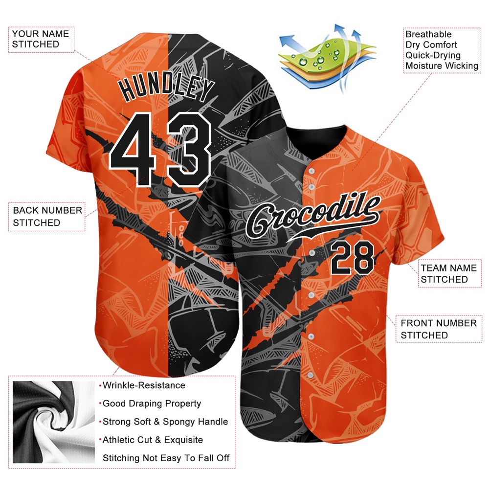 Graffiti Pattern Black-Orange 3D Scratch Authentic Baseball Jersey, Custom Baseball Jersey, Personalized Sport Jersey Graffiti Pattern Black-Orange 3D Scratch Authentic Baseball Jersey, Custom Baseball Jersey, Personalized Sport Jersey