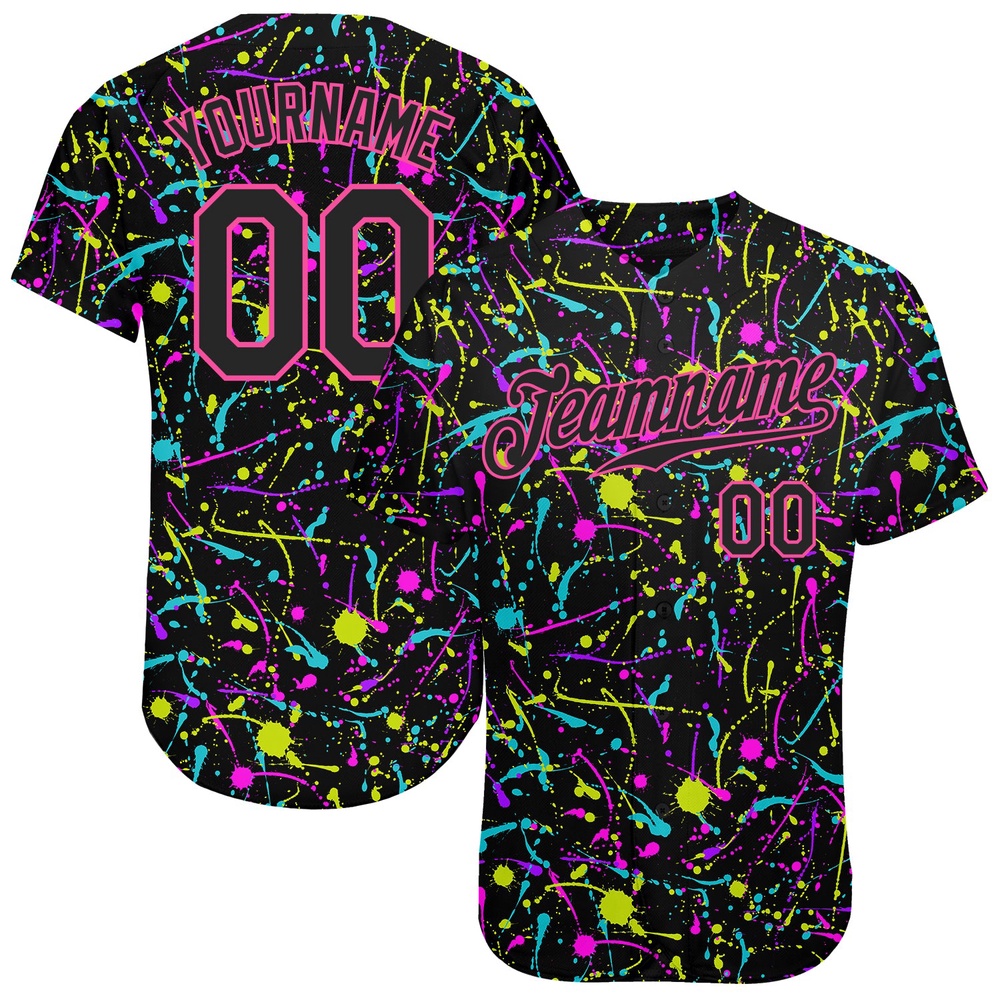 Graffiti Pattern Black-Pink 3D Neon Splatter Authentic Baseball Jersey, Custom Baseball Jersey, Personalized Sport Jersey Graffiti Pattern Black-Pink 3D Neon Splatter Authentic Baseball Jersey, Custom Baseball Jersey, Personalized Sport Jersey