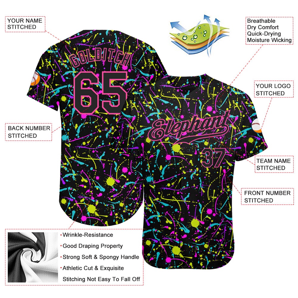 Graffiti Pattern Black-Pink 3D Neon Splatter Authentic Baseball Jersey, Custom Baseball Jersey, Personalized Sport Jersey Graffiti Pattern Black-Pink 3D Neon Splatter Authentic Baseball Jersey, Custom Baseball Jersey, Personalized Sport Jersey