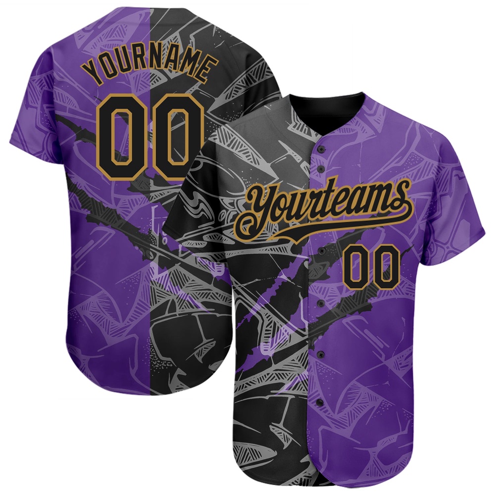 Graffiti Pattern Black Purple-Old Gold 3D Scratch Authentic Baseball Jersey, Custom Baseball Jersey, Personalized Sport Jersey Graffiti Pattern Black Purple-Old Gold 3D Scratch Authentic Baseball Jersey, Custom Baseball Jersey, Personalized Sport Jersey