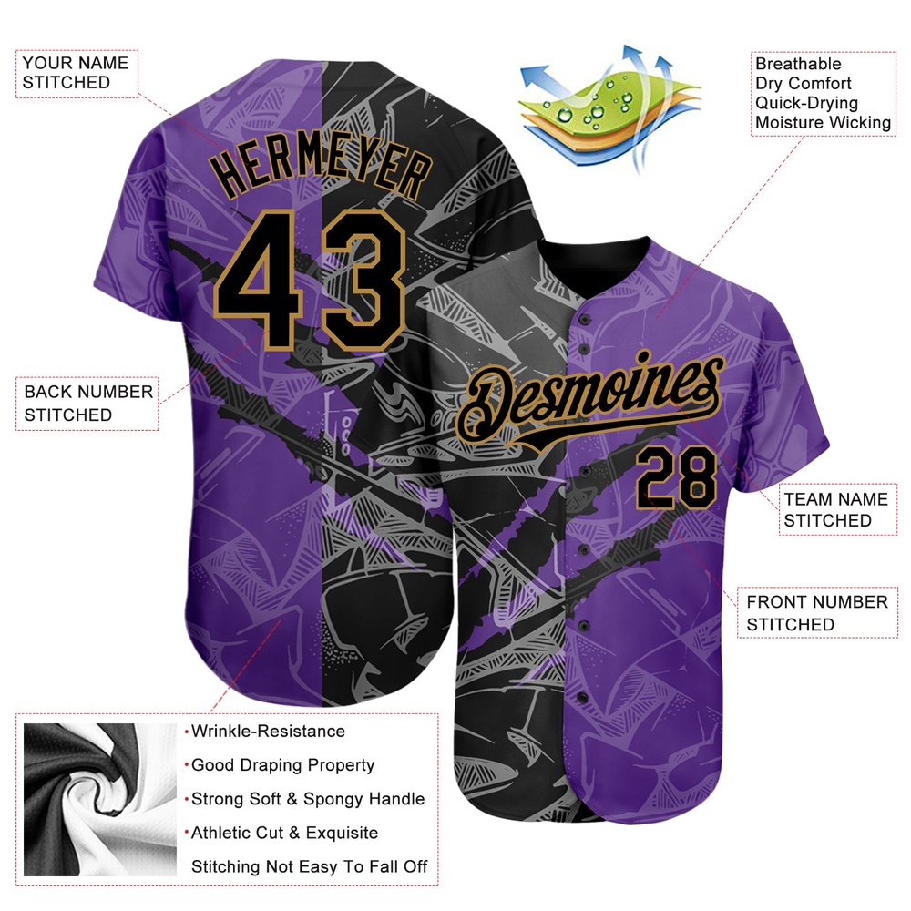 Graffiti Pattern Black Purple-Old Gold 3D Scratch Authentic Baseball Jersey, Custom Baseball Jersey, Personalized Sport Jersey Graffiti Pattern Black Purple-Old Gold 3D Scratch Authentic Baseball Jersey, Custom Baseball Jersey, Personalized Sport Jersey