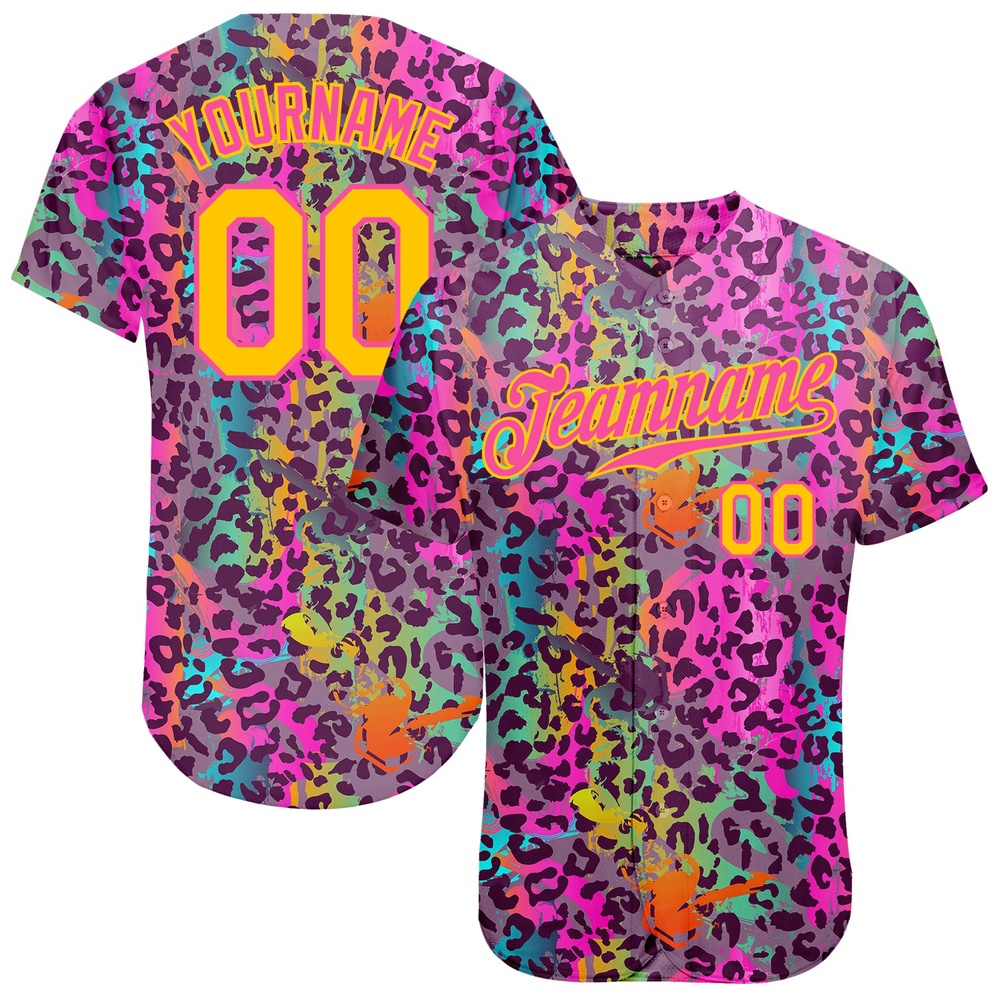 Graffiti Pattern Gold-Pink 3D Colorful Leopard Authentic Baseball Jersey, Custom Baseball Jersey, Personalized Sport Jersey Graffiti Pattern Gold-Pink 3D Colorful Leopard Authentic Baseball Jersey, Custom Baseball Jersey, Personalized Sport Jersey