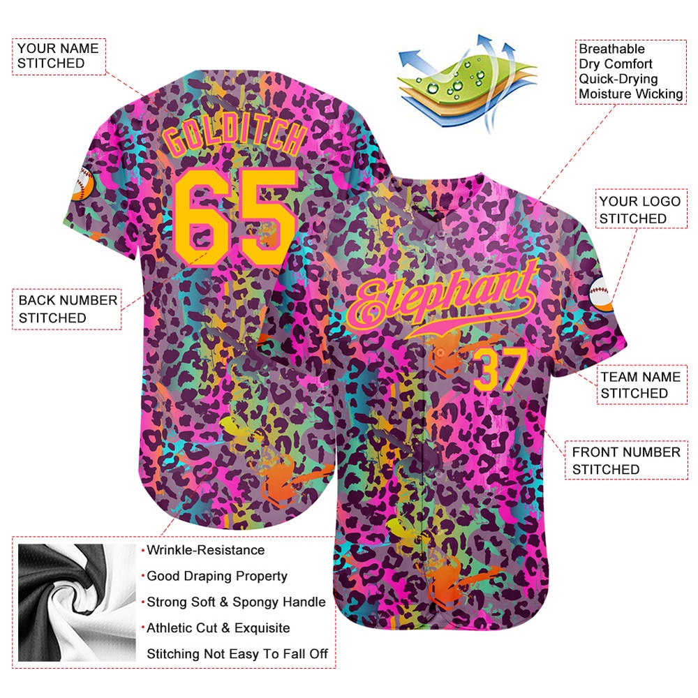 Graffiti Pattern Gold-Pink 3D Colorful Leopard Authentic Baseball Jersey, Custom Baseball Jersey, Personalized Sport Jersey Graffiti Pattern Gold-Pink 3D Colorful Leopard Authentic Baseball Jersey, Custom Baseball Jersey, Personalized Sport Jersey