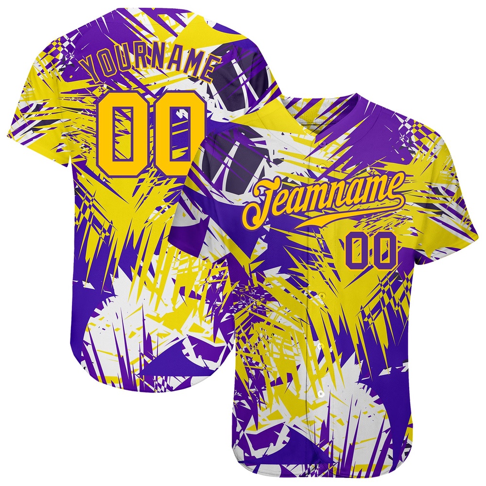 Graffiti Pattern Gold-Purple 3D Authentic Baseball Jersey, Custom Baseball Jersey, Personalized Sport Jersey Graffiti Pattern Gold-Purple 3D Authentic Baseball Jersey, Custom Baseball Jersey, Personalized Sport Jersey