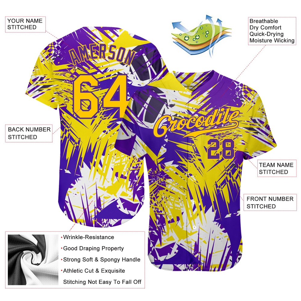 Graffiti Pattern Gold-Purple 3D Authentic Baseball Jersey, Custom Baseball Jersey, Personalized Sport Jersey Graffiti Pattern Gold-Purple 3D Authentic Baseball Jersey, Custom Baseball Jersey, Personalized Sport Jersey