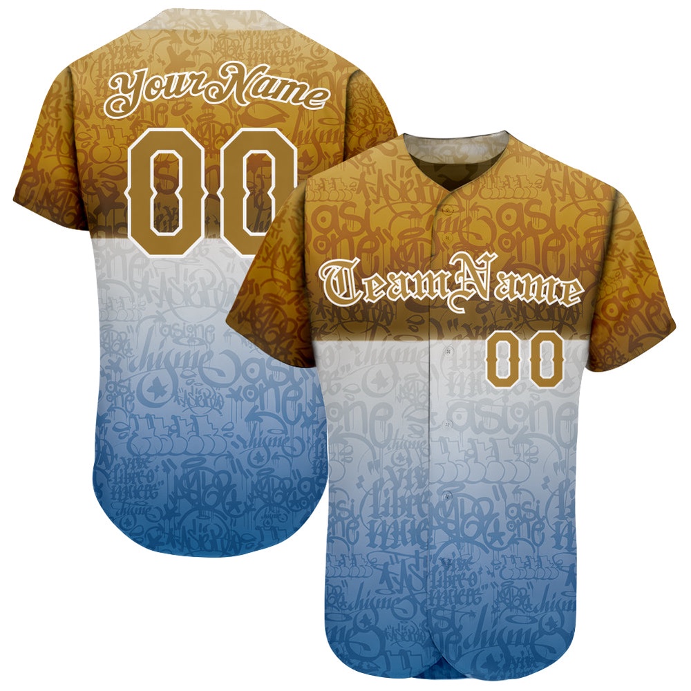 Graffiti Pattern Gold-White 3D Chicano Authentic Baseball Jersey, Custom Baseball Jersey, Personalized Sport Jersey Graffiti Pattern Gold-White 3D Chicano Authentic Baseball Jersey, Custom Baseball Jersey, Personalized Sport Jersey