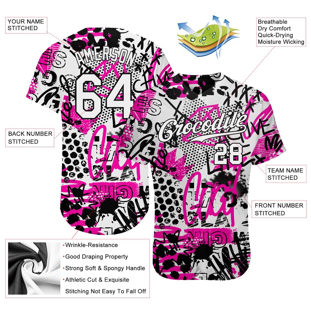 Graffiti Pattern White-Black 3D Authentic Baseball Jersey, Custom Baseball Jersey, Personalized Sport Jersey Graffiti Pattern White-Black 3D Authentic Baseball Jersey, Custom Baseball Jersey, Personalized Sport Jersey