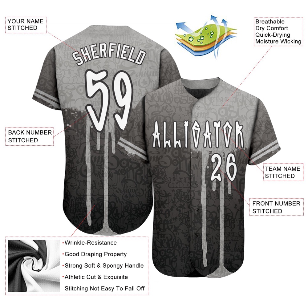 Graffiti Pattern White-Gray 3D Picaxao Authentic Baseball Jersey, Custom Baseball Jersey, Personalized Sport Jersey Graffiti Pattern White-Gray 3D Picaxao Authentic Baseball Jersey, Custom Baseball Jersey, Personalized Sport Jersey