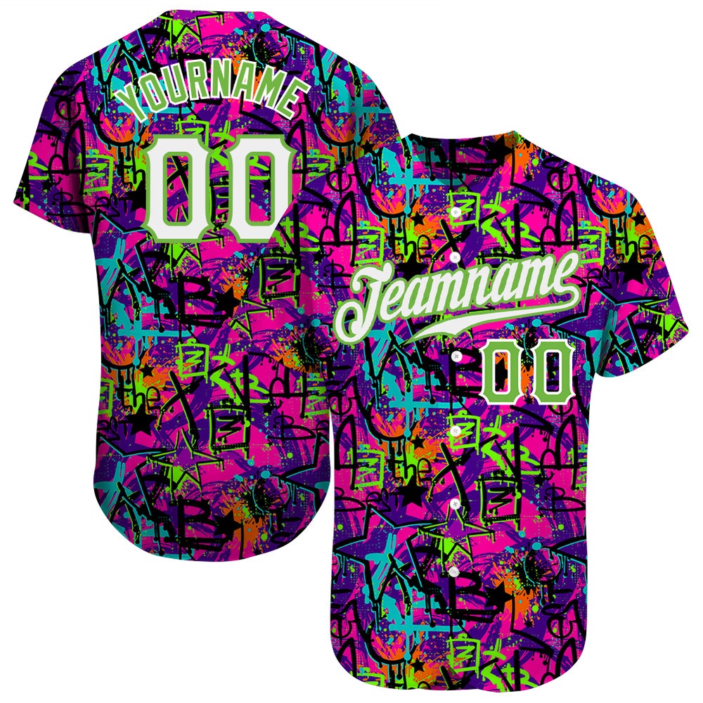 Graffiti Pattern White-Neon Green 3D Authentic Baseball Jersey, Custom Baseball Jersey, Personalized Sport Jersey Graffiti Pattern White-Neon Green 3D Authentic Baseball Jersey, Custom Baseball Jersey, Personalized Sport Jersey