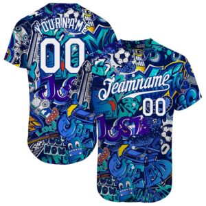Graffiti Pattern White-Royal 3D Authentic Baseball Jersey,&hellip;