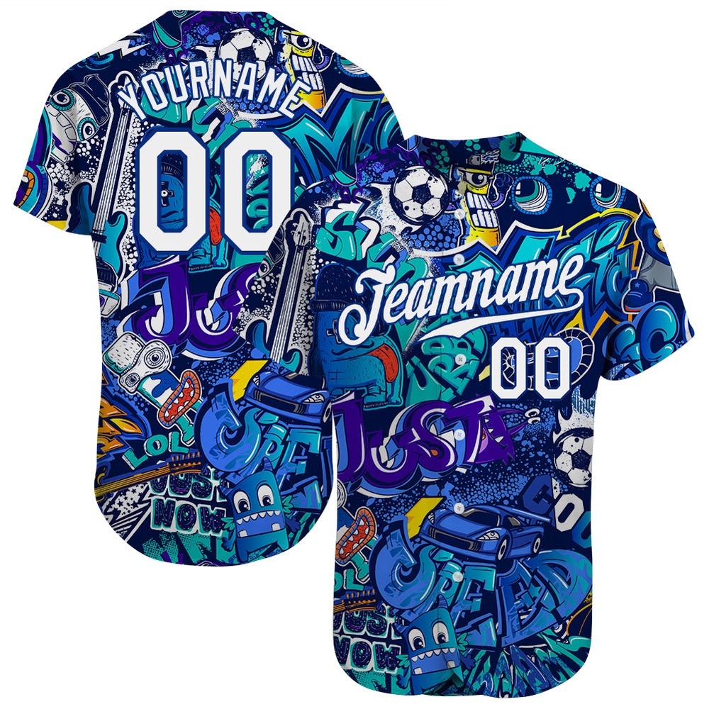 Graffiti Pattern White-Royal 3D Authentic Baseball Jersey, Custom Baseball Jersey, Personalized Sport Jersey Graffiti Pattern White-Royal 3D Authentic Baseball Jersey, Custom Baseball Jersey, Personalized Sport Jersey