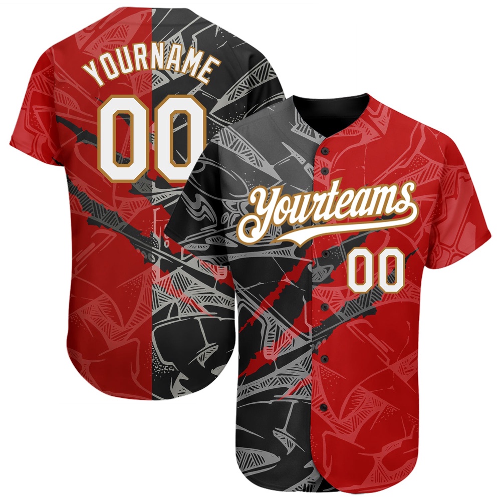 Graffiti Pattern White Red Black-Old Gold 3D Scratch Authentic Baseball Jersey, Custom Baseball Jersey, Personalized Sport Jersey Graffiti Pattern White Red Black-Old Gold 3D Scratch Authentic Baseball Jersey, Custom Baseball Jersey, Personalized Sport Jersey