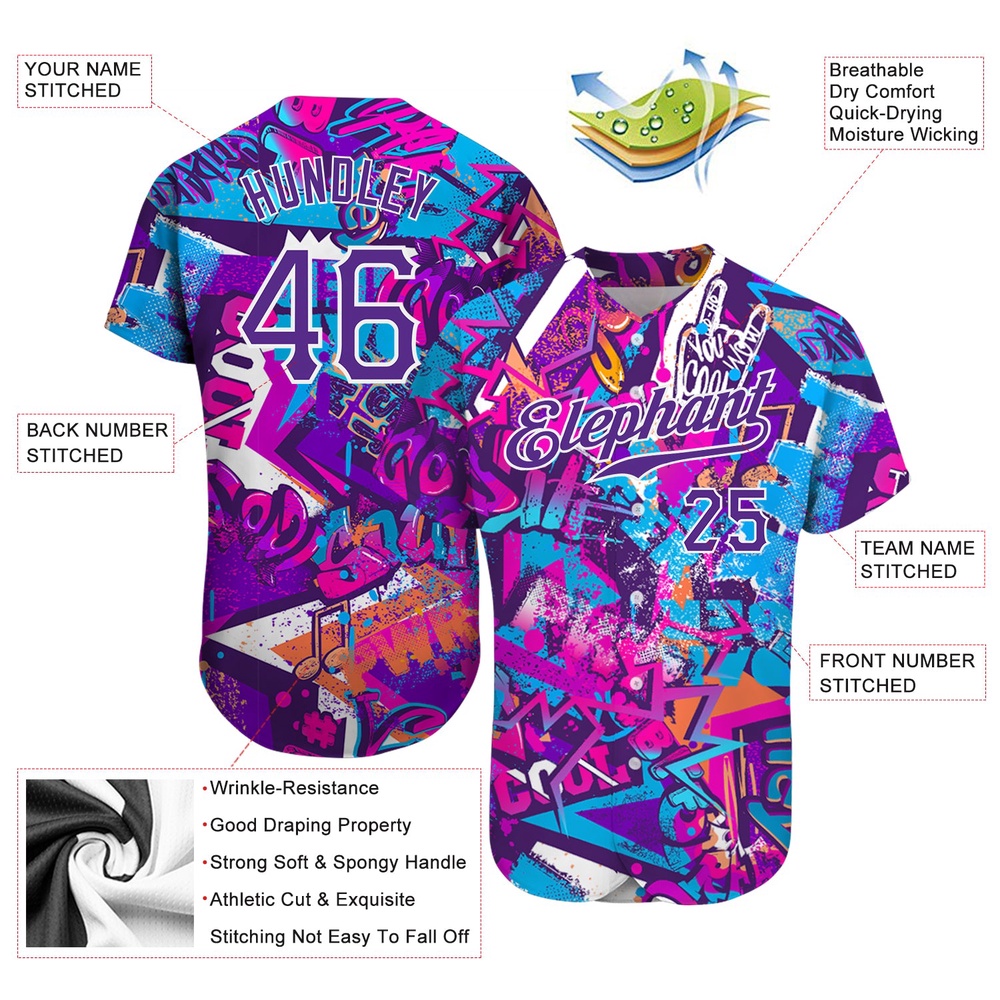 Graffiti Words Pattern White-Purple 3D Authentic Baseball Jersey, Custom Baseball Jersey, Personalized Sport Jersey Graffiti Words Pattern White-Purple 3D Authentic Baseball Jersey, Custom Baseball Jersey, Personalized Sport Jersey