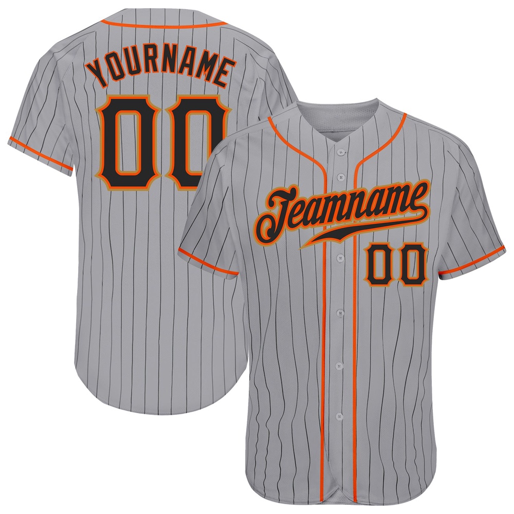 Gray Black Pinstripe Black-Orange Authentic Baseball Jersey, Custom Baseball Jersey, Personalized Sport Jersey Gray Black Pinstripe Black-Orange Authentic Baseball Jersey, Custom Baseball Jersey, Personalized Sport Jersey
