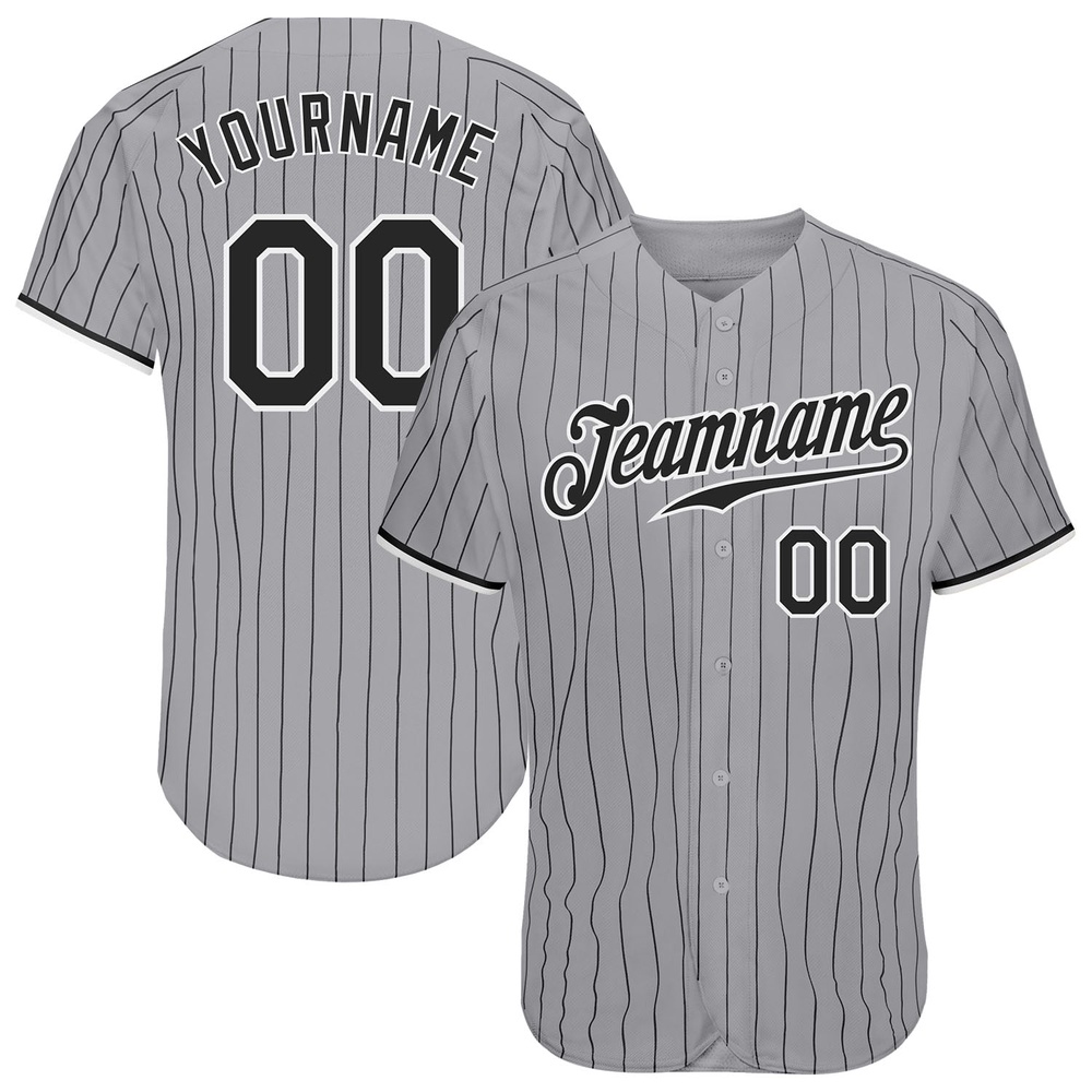 Gray Black Pinstripe Black-White Authentic Baseball Jersey, Custom Baseball Jersey, Personalized Sport Jersey Gray Black Pinstripe Black-White Authentic Baseball Jersey, Custom Baseball Jersey, Personalized Sport Jersey