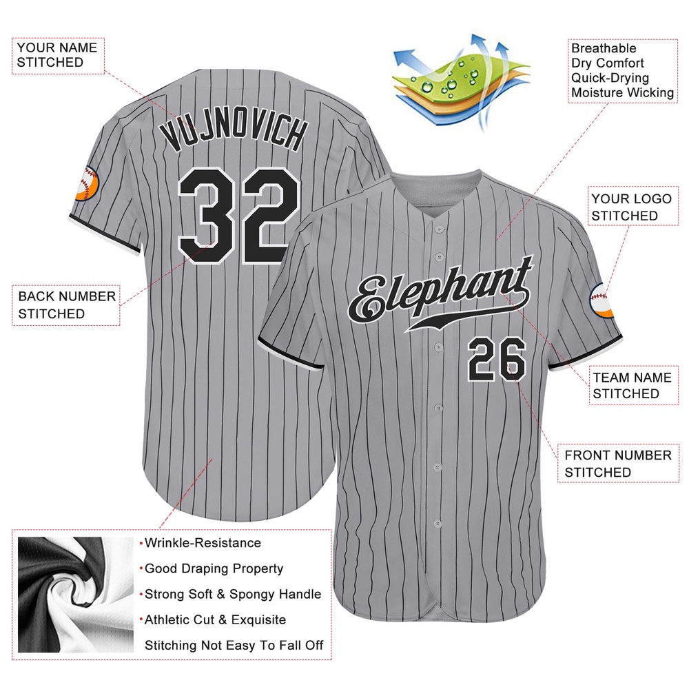 Gray Black Pinstripe Black-White Authentic Baseball Jersey, Custom Baseball Jersey, Personalized Sport Jersey Gray Black Pinstripe Black-White Authentic Baseball Jersey, Custom Baseball Jersey, Personalized Sport Jersey