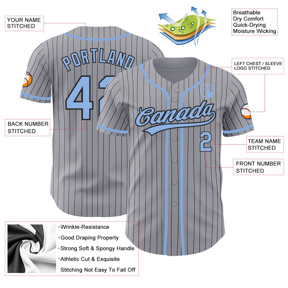 Gray Black Pinstripe Light Blue Authentic Baseball Jersey, Custom Baseball Jersey, Personalized Sport Jersey