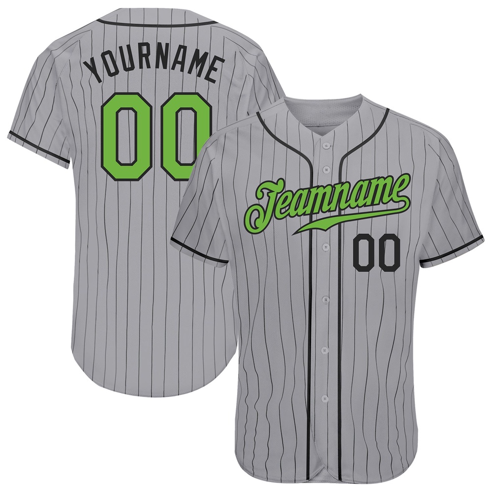Gray Black Pinstripe Neon Green-Black Authentic Baseball Jersey, Custom Baseball Jersey, Personalized Sport Jersey Gray Black Pinstripe Neon Green-Black Authentic Baseball Jersey, Custom Baseball Jersey, Personalized Sport Jersey