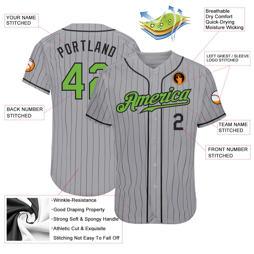 Gray Black Pinstripe Neon Green-Black Authentic Baseball Jersey, Custom Baseball Jersey, Personalized Sport Jersey Gray Black Pinstripe Neon Green-Black Authentic Baseball Jersey, Custom Baseball Jersey, Personalized Sport Jersey