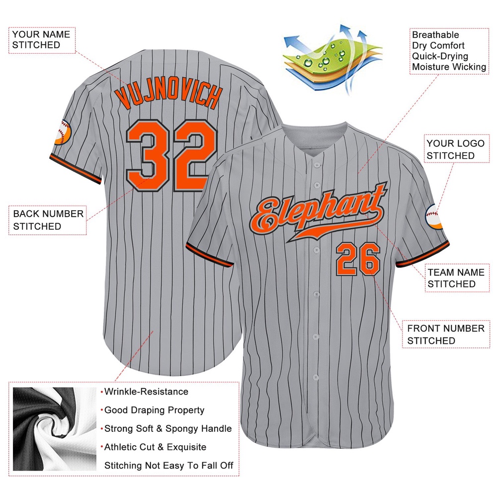 Gray Black Pinstripe Orange-Black Authentic Baseball Jersey, Custom Baseball Jersey, Personalized Sport Jersey Gray Black Pinstripe Orange-Black Authentic Baseball Jersey, Custom Baseball Jersey, Personalized Sport Jersey