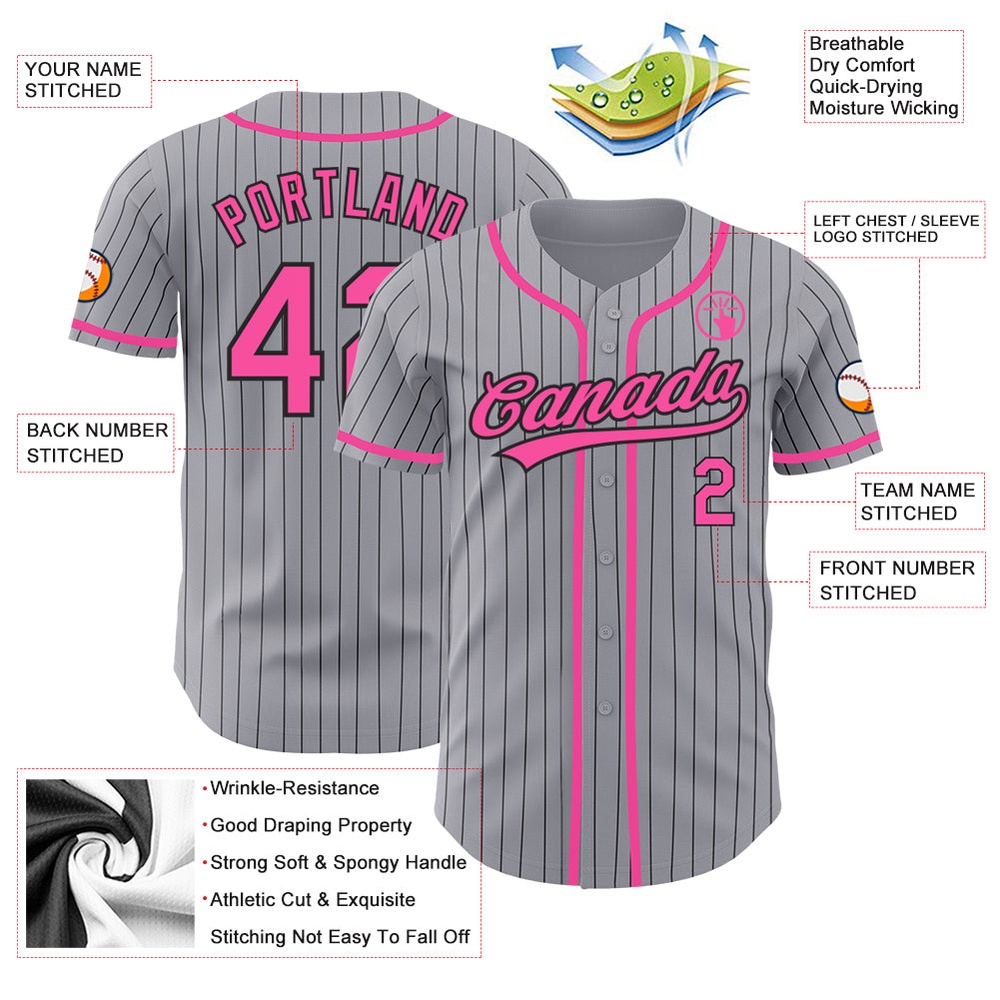 Gray Black Pinstripe Pink Authentic Baseball Jersey, Custom Baseball Jersey, Personalized Sport Jersey Gray Black Pinstripe Pink Authentic Baseball Jersey, Custom Baseball Jersey, Personalized Sport Jersey