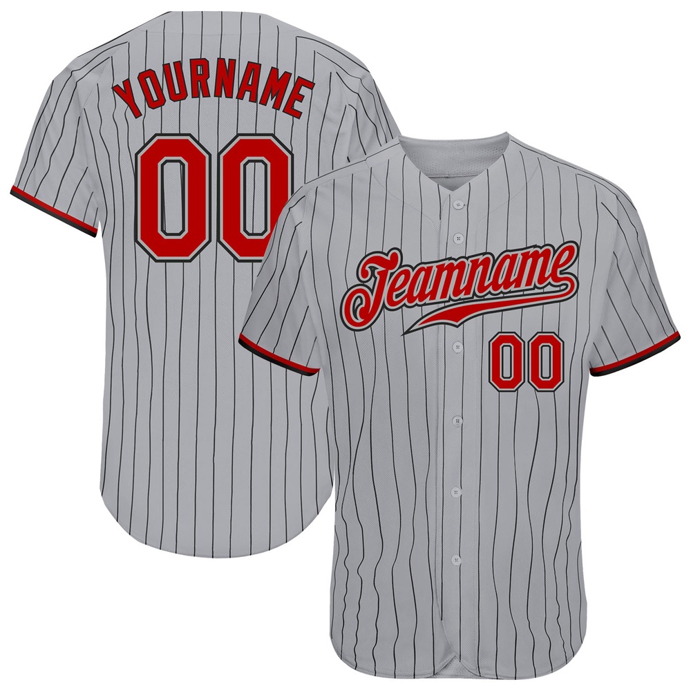 Gray Black Pinstripe Red-Black Authentic Baseball Jersey, Custom Baseball Jersey, Personalized Sport Jersey