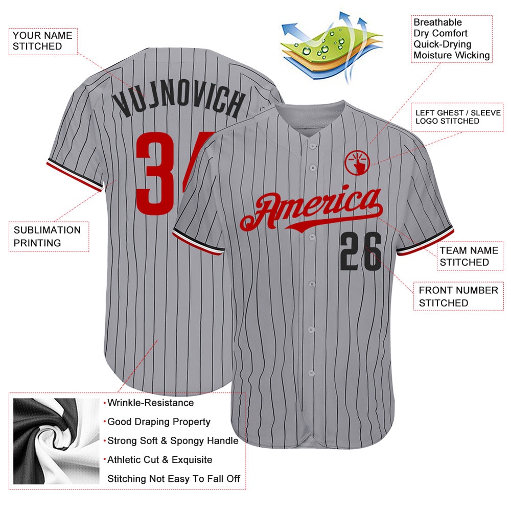 Gray Black Pinstripe Red-White Authentic Baseball Jersey, Custom Baseball Jersey, Personalized Sport Jersey