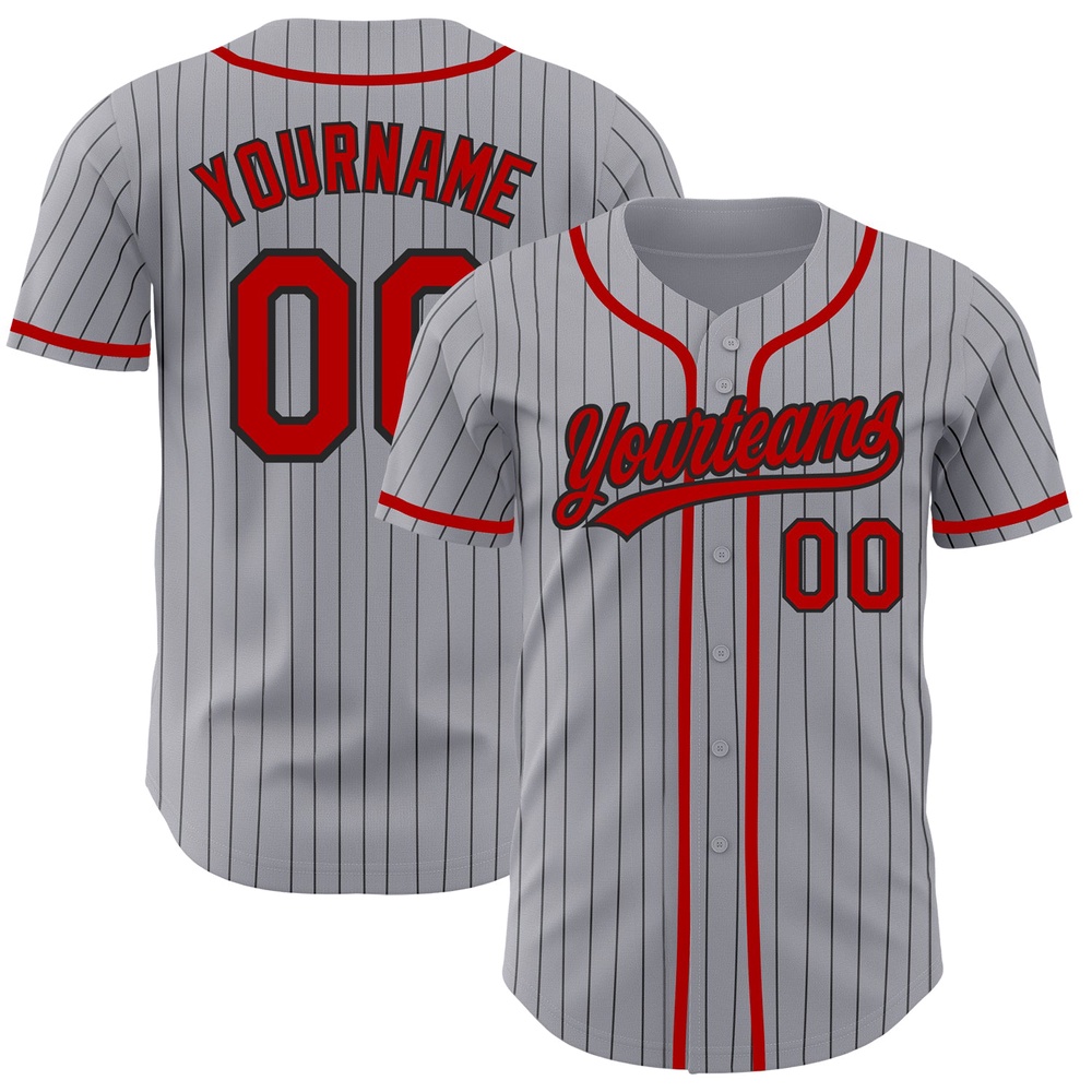 Gray Black Pinstripe Red Authentic Baseball Jersey, Custom Baseball Jersey, Personalized Sport Jersey Gray Black Pinstripe Red Authentic Baseball Jersey, Custom Baseball Jersey, Personalized Sport Jersey