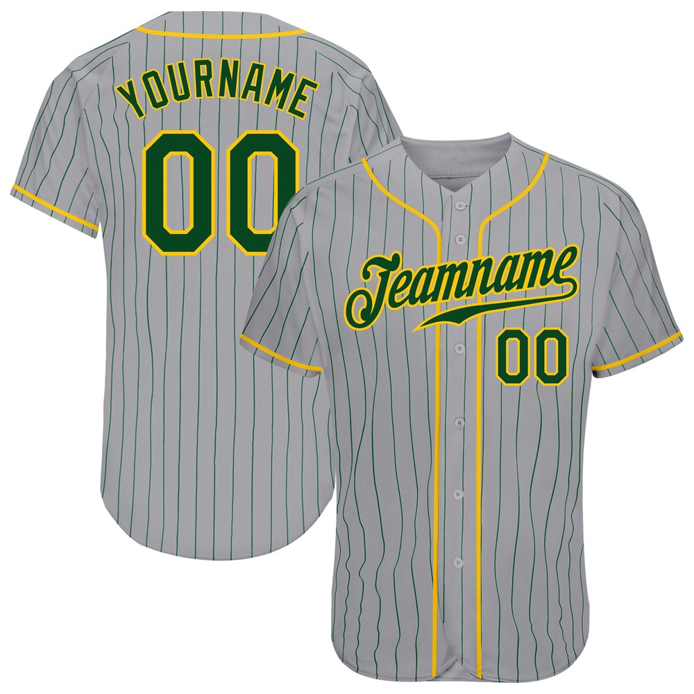 Gray Green Pinstripe Green-Gold Authentic Baseball Jersey, Custom Baseball Jersey, Personalized Sport Jersey Gray Green Pinstripe Green-Gold Authentic Baseball Jersey, Custom Baseball Jersey, Personalized Sport Jersey
