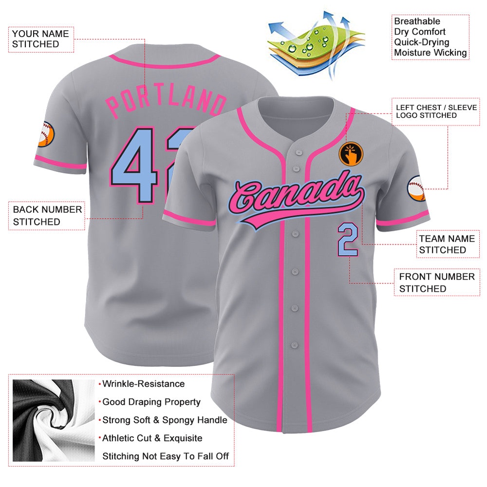 Gray Light Blue Black-Pink Authentic Baseball Jersey, Custom Baseball Jersey, Personalized Sport Jersey Gray Light Blue Black-Pink Authentic Baseball Jersey, Custom Baseball Jersey, Personalized Sport Jersey