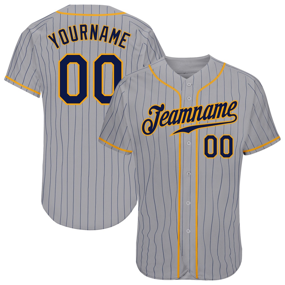 Gray Navy Pinstripe Navy-Gold Authentic Baseball Jersey, Custom Baseball Jersey, Personalized Sport Jersey Gray Navy Pinstripe Navy-Gold Authentic Baseball Jersey, Custom Baseball Jersey, Personalized Sport Jersey