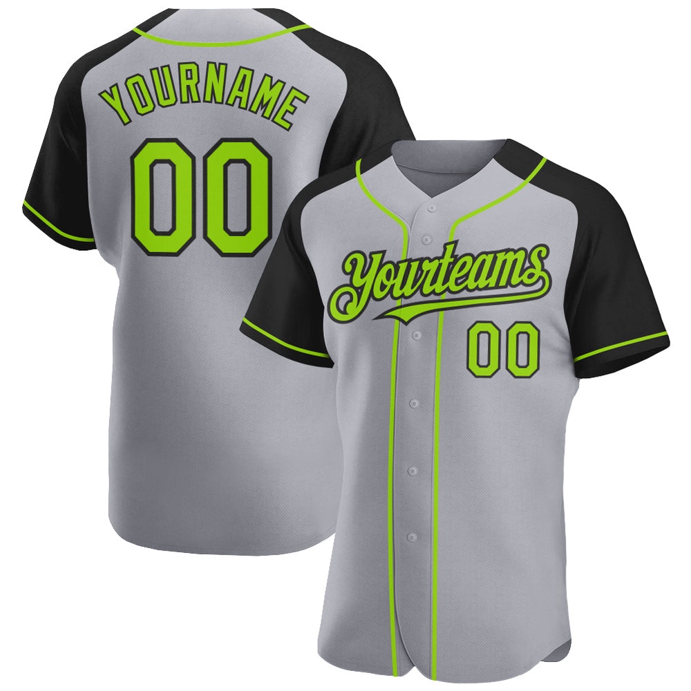 Gray Neon Green-Black Authentic Raglan Sleeves Baseball Jersey, Custom Baseball Jersey, Personalized Sport Jersey