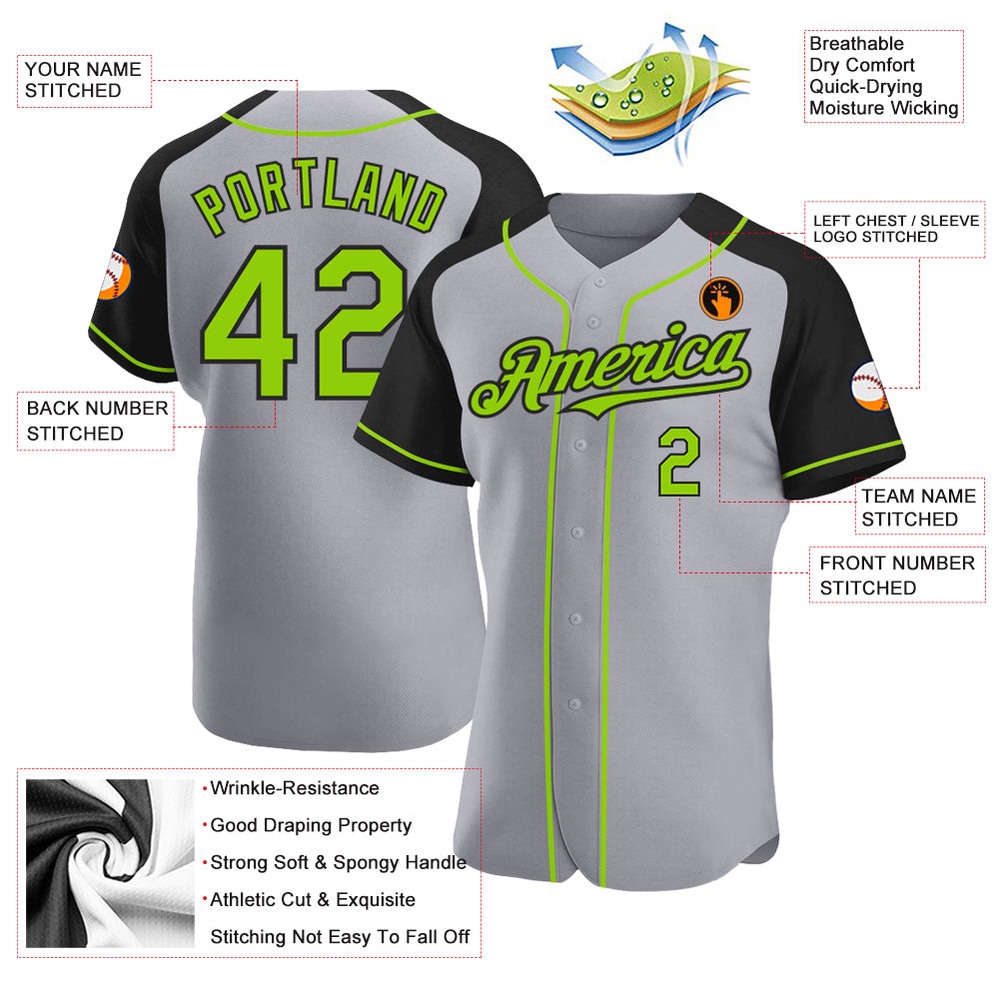 Gray Neon Green-Black Authentic Raglan Sleeves Baseball Jersey, Custom Baseball Jersey, Personalized Sport Jersey