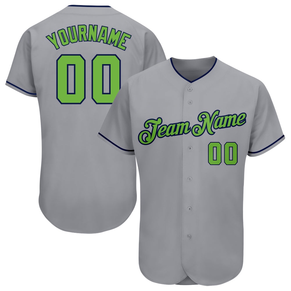 Gray Neon Green-Navy Authentic Baseball Jersey, Custom Baseball Jersey, Personalized Sport Jersey