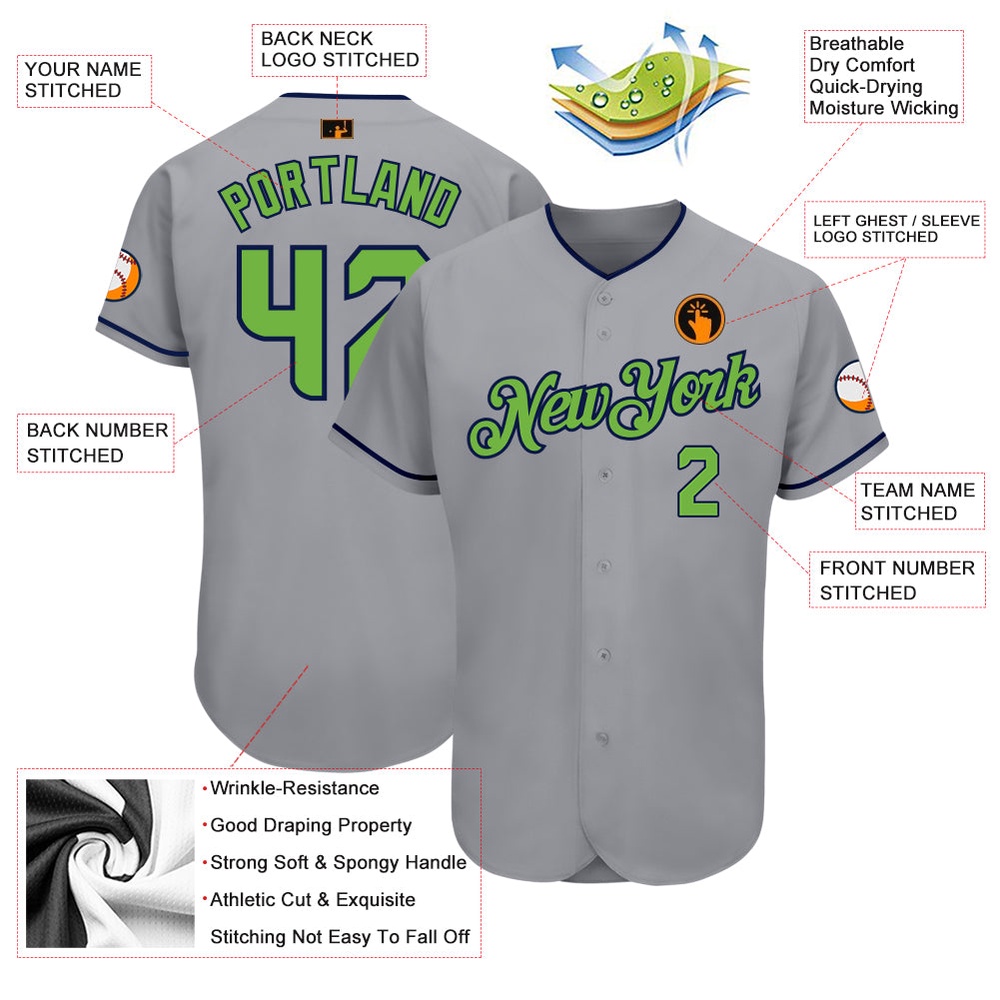 Gray Neon Green-Navy Authentic Baseball Jersey, Custom Baseball Jersey, Personalized Sport Jersey
