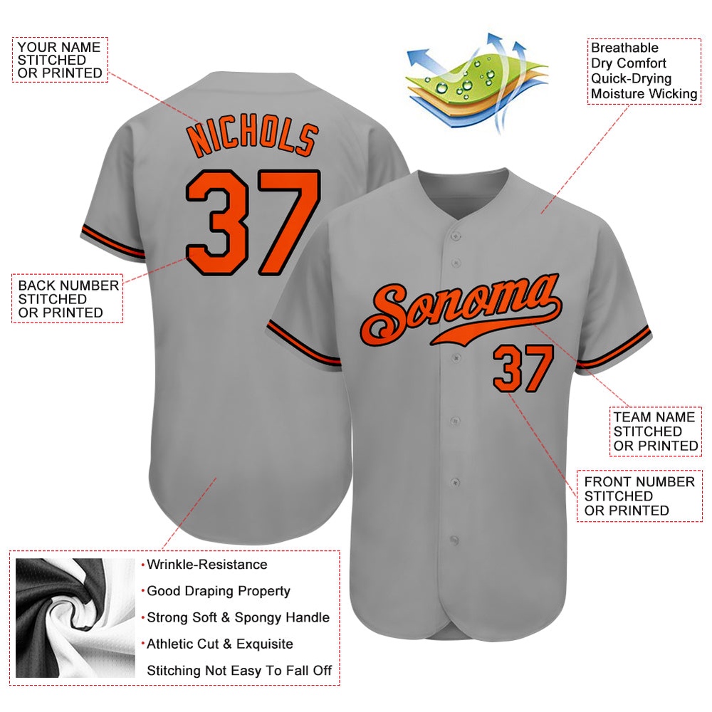Gray Orange-Black Authentic Baseball Jersey, Custom Baseball Jersey, Personalized Sport Jersey