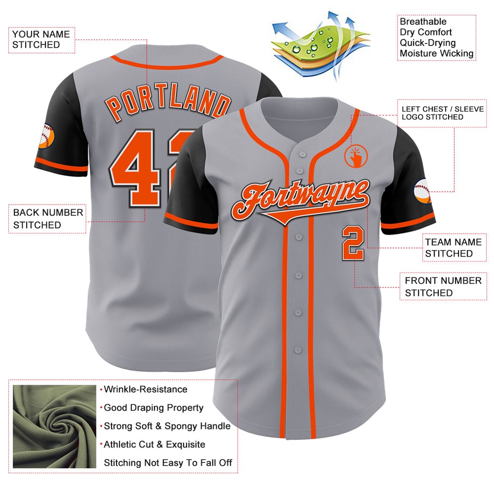 Gray Orange-Black Authentic Two Tone Baseball Jersey, Custom Baseball Jersey, Personalized Sport Jersey