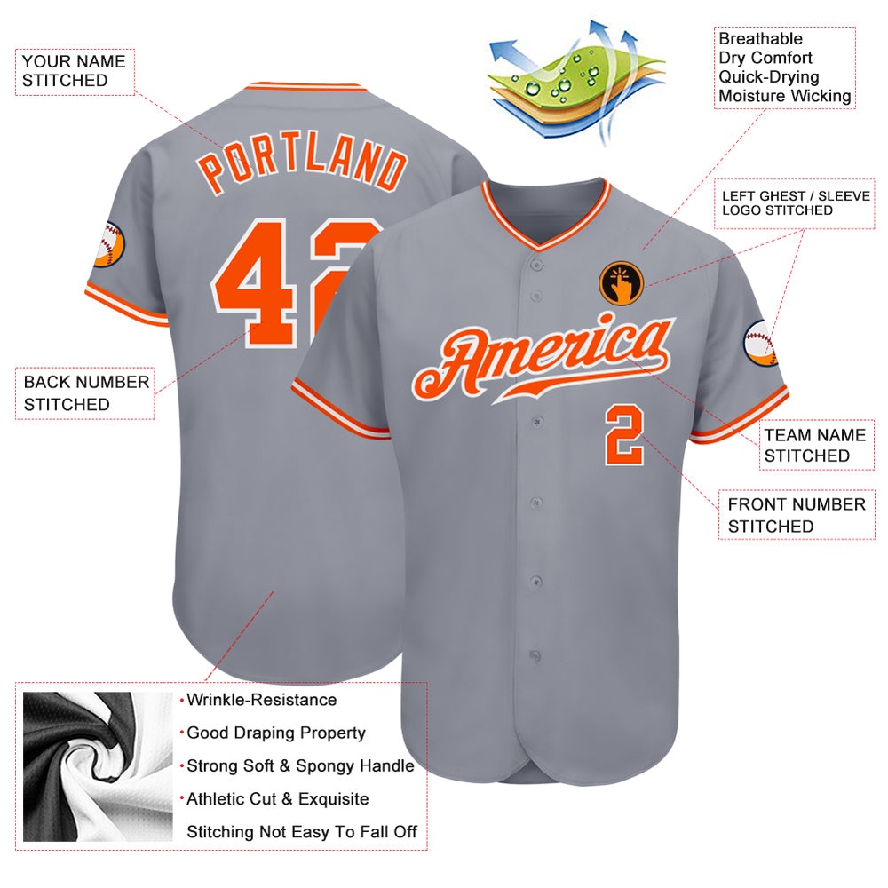 Gray Orange-White Authentic Baseball Jersey, Custom Baseball Jersey, Personalized Sport Jersey