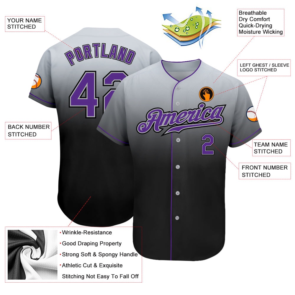 Gray Purple-Black Authentic Fade Fashion Baseball Jersey, Custom Baseball Jersey, Personalized Sport Jersey Gray Purple-Black Authentic Fade Fashion Baseball Jersey, Custom Baseball Jersey, Personalized Sport Jersey