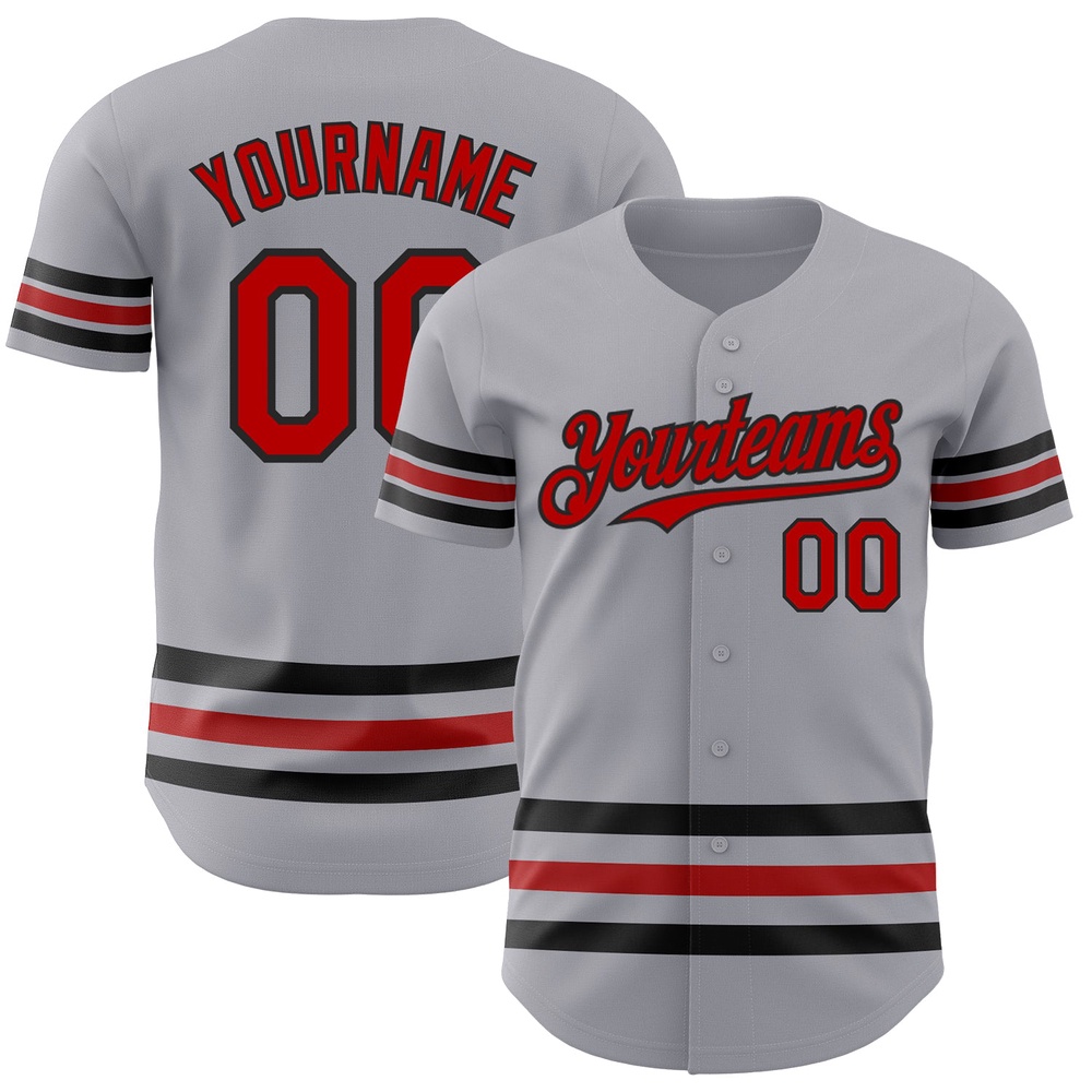 Gray Red-Black Line Authentic Baseball Jersey, Custom Baseball Jersey, Personalized Sport Jersey