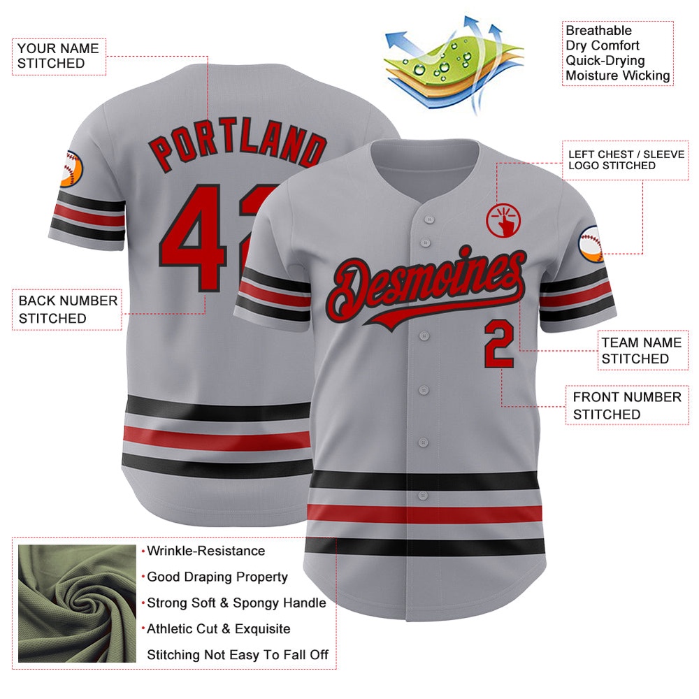 Gray Red-Black Line Authentic Baseball Jersey, Custom Baseball Jersey, Personalized Sport Jersey